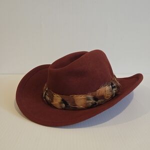 Betmar New York 100% Wool Hat Cowboy Fedora Style Red Rust Designer Feather Band